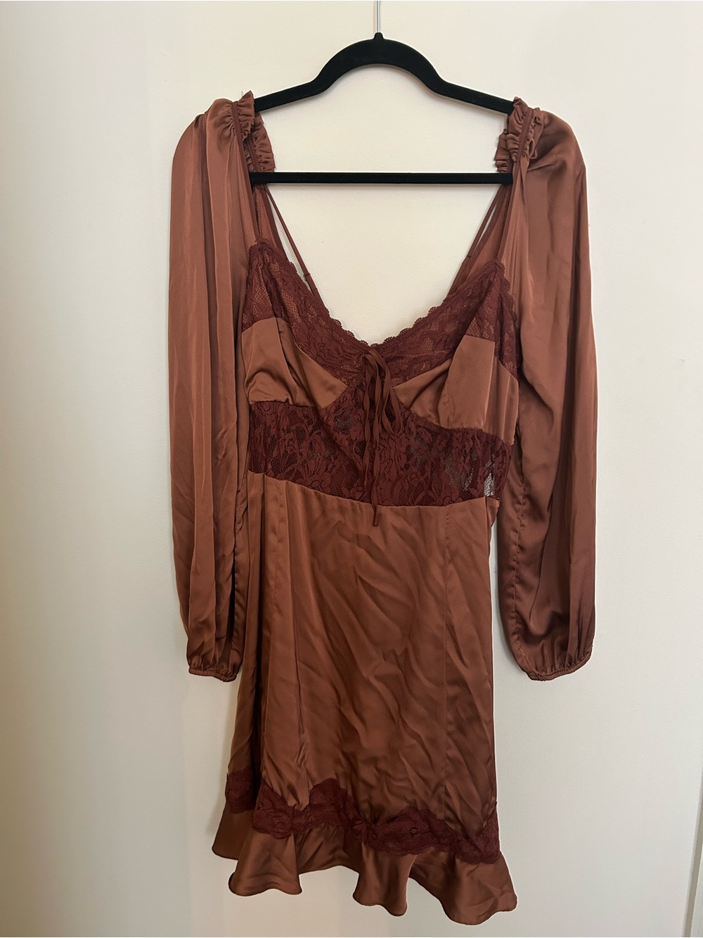 Anthropologie- Satin Lace Trim Dress - Brown - Picture 3 of 5